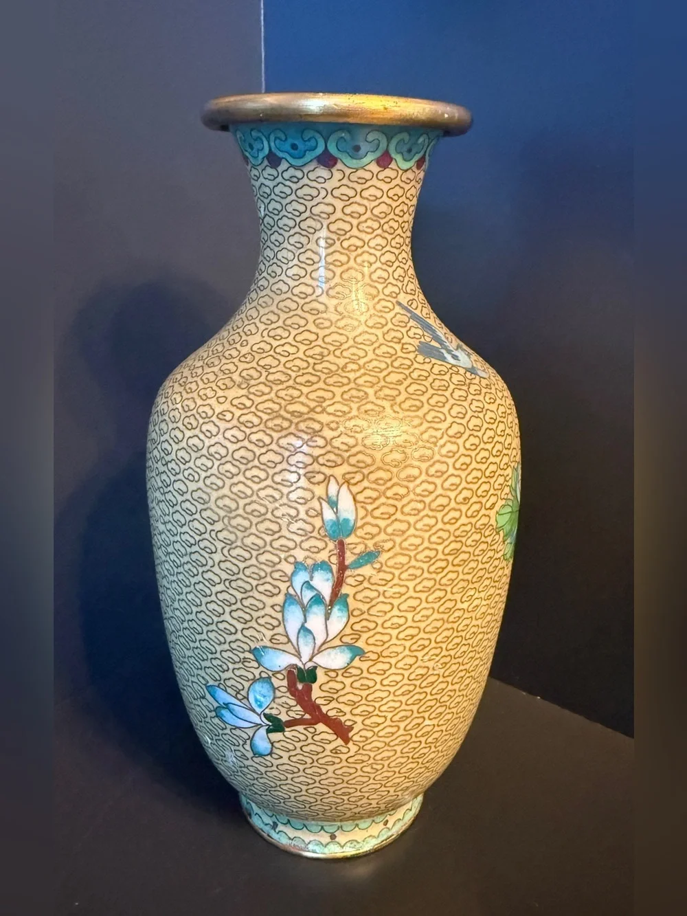 Vintage Cloisonné Enamel Floral Vase 9”